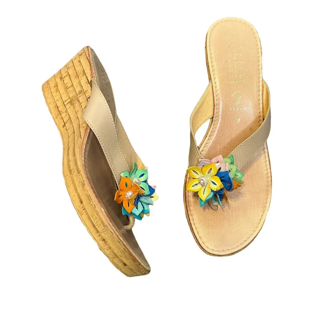 Italian Shoemakers Wedge Sandals 6 Beige Thong Cork Floral Casual Boho Beach